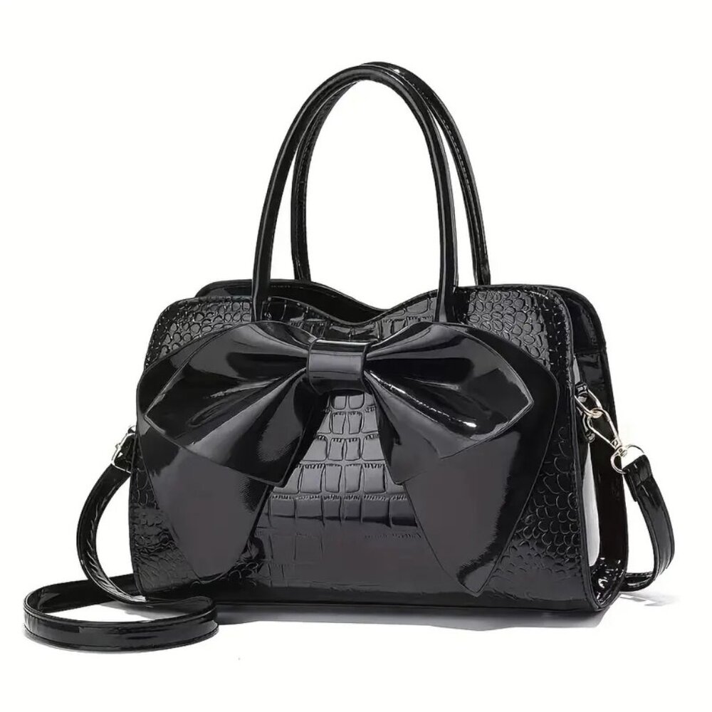 Black Crocodile Pattern Bow Handbag | Patent Faux Leather Purse w/ Strap - Picture 6 of 7